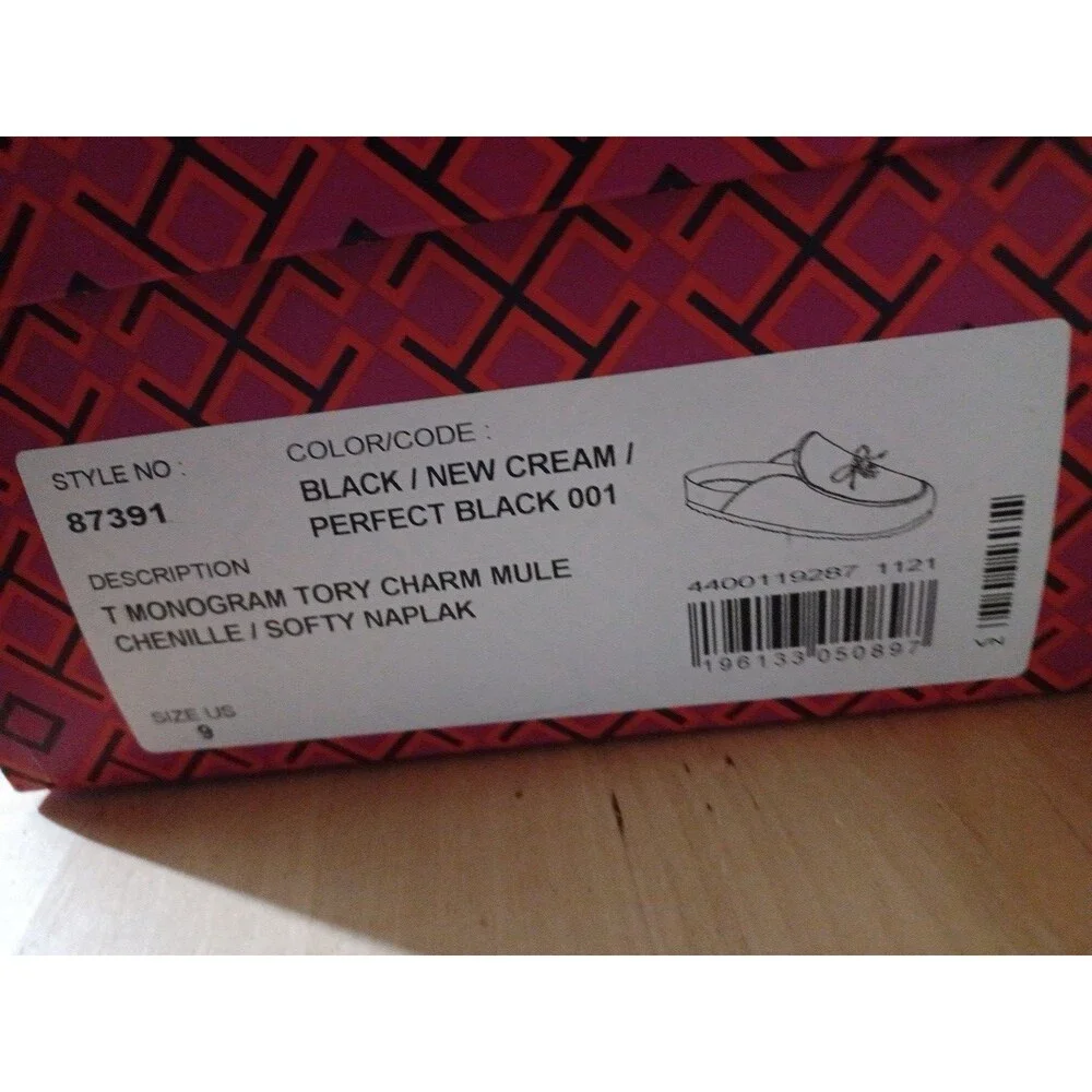 Tory Burch T Monogrammed Tory Charm Mules Clogs Size 9 Black Cream New In Box